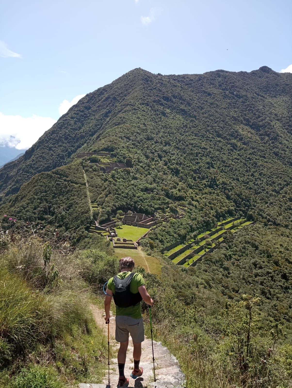 Hiker descending to Choquequirao on the Choquequirao Trek to Machu Picchu 8 days.