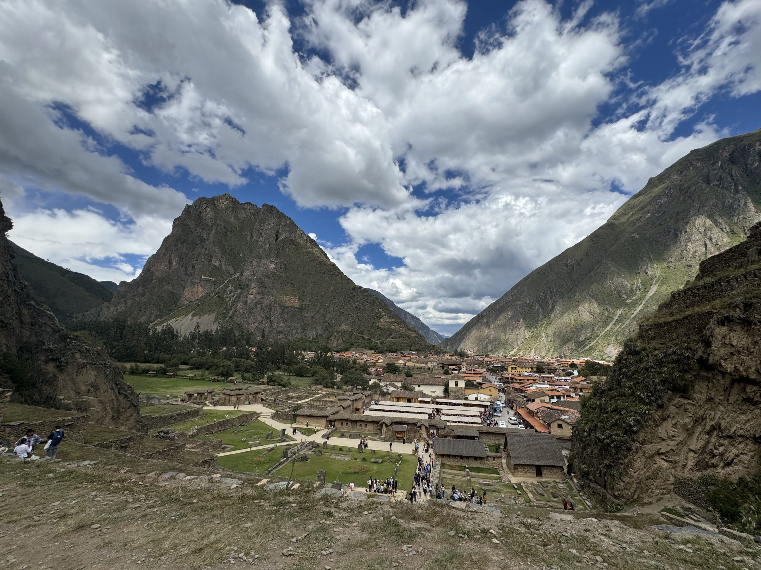 Aerial view of Ollantaytambo with Inca terraces, town and mountains in the Sacred Valley Full Day.
