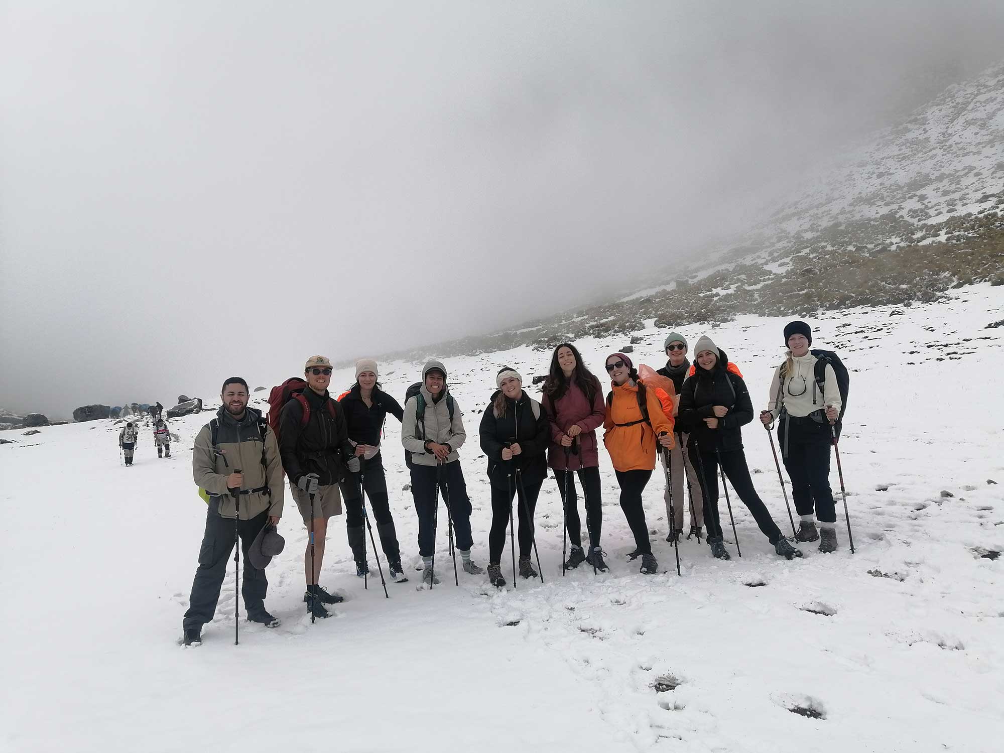Group of hikers in a snowy and foggy landscape during the 5-day Salkantay trek to Machu Picchu.