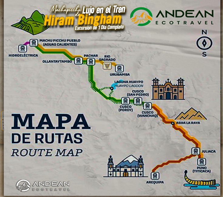 Interactive map showing the route of the luxury train from Cusco to Machu Picchu, including key stops in the Sacred Valley such as Ollantaytambo and Urubamba.